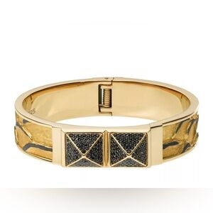 MICHAEL KORS GOLD TONE+PYTHON LEATHER+BLACK CRYSTAL STUD BANGLE BRACELET MKJ2890